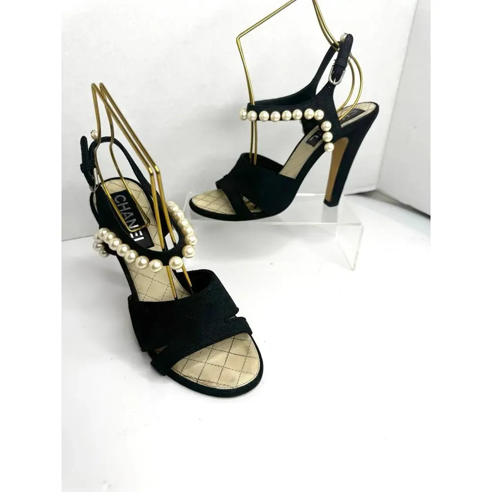 Chanel Black Grosgrain Faux Pearl Slide Sandals CC Logo EU 37.5